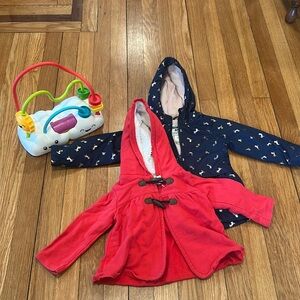 12 Month bundle - osh kosh fleece lined jacket, carters cardi, fisher price toy